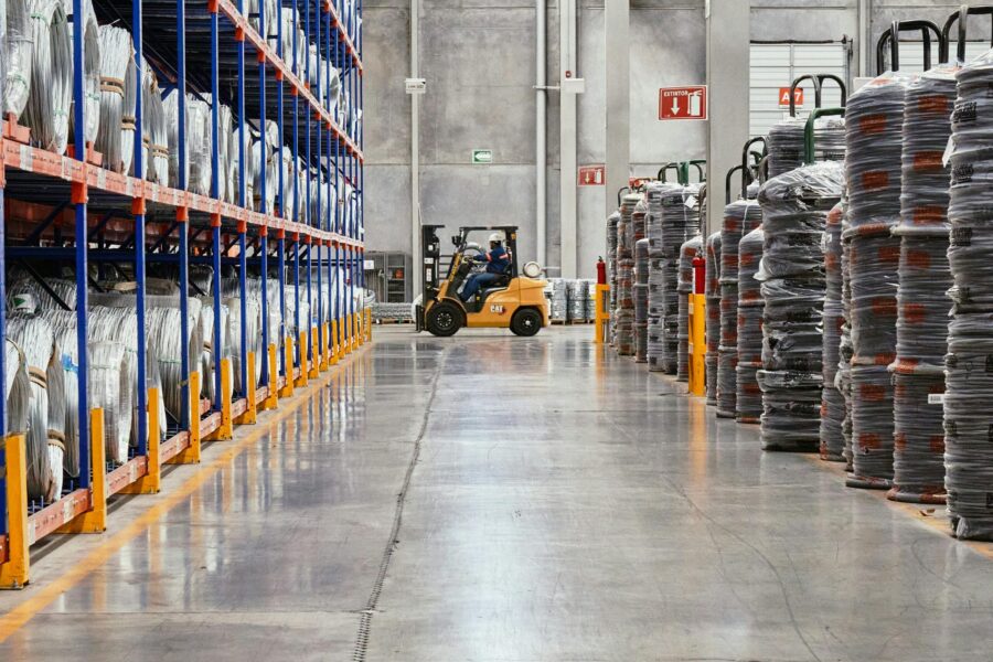 A forklift operates in an industrial warehouse with stacked goods. Efficient distribution setting.